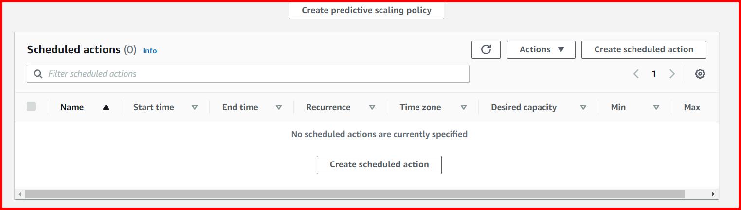 Picture showing the Scheduled actions section inside the Automatic scaling tab